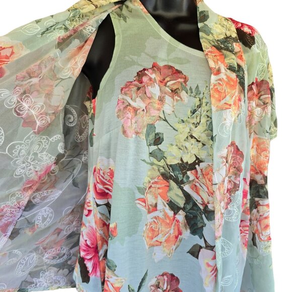 Kimono Floral Print Sheer Cardigan & matching Tank Top Set Women M cottagecore - Picture 2 of 6